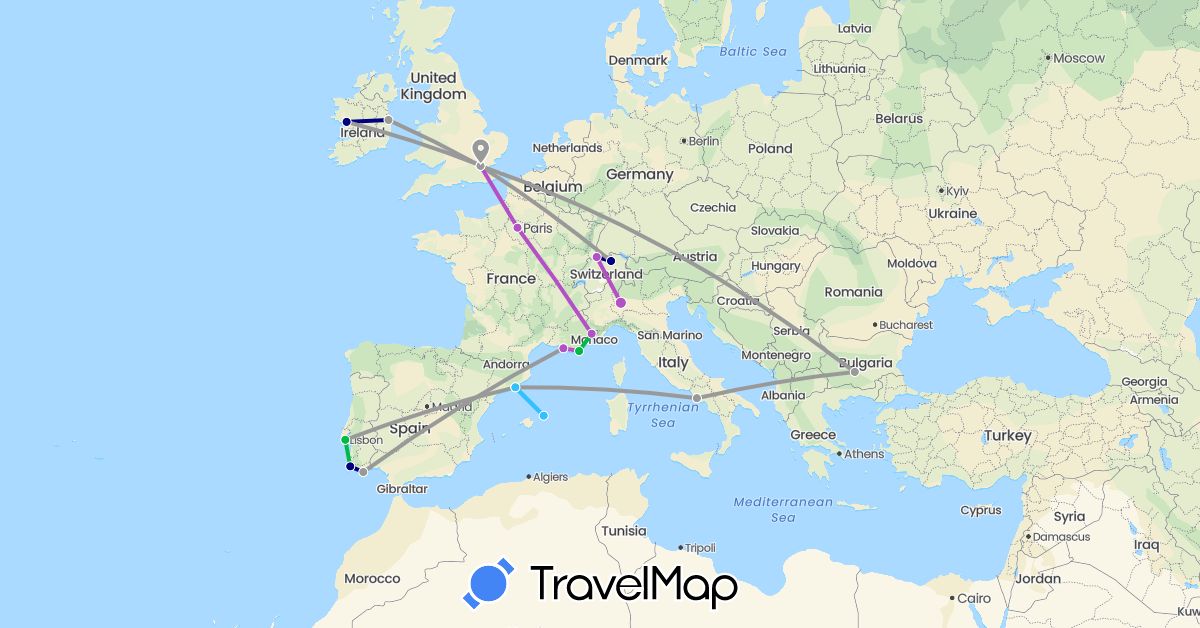 TravelMap itinerary: driving, bus, plane, train, boat in Bulgaria, Switzerland, Spain, France, United Kingdom, Ireland, Italy, Portugal (Europe)